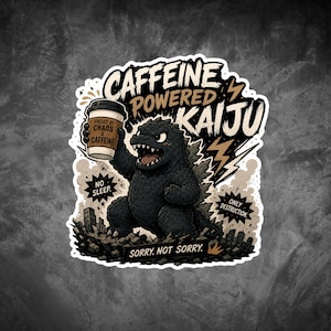 Caffeine Powered Kaiju Sticker, Cute Coffee Monster Decal for Laptop, Kindle & Water Bottle, Funny Coffee Lover Gift