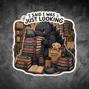 Bookstore Godzilla Sticker, Funny Reading Kaiju Decal, Cozy Book Lover Monster Sticker, Bookish Godzilla Gift, Laptop Water Bottle Sticker