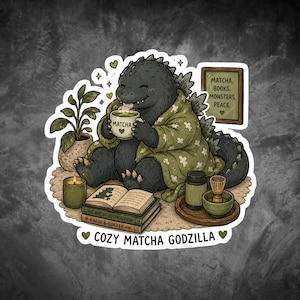 Cozy Reading Godzilla Sticker, Book Lover Kaiju Sticker, BookTok Reader Gift, Cute Monster Reading Books, Library Lover Decal, Dark Academia