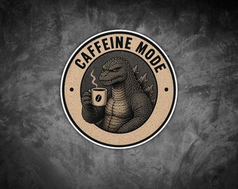 Pegatina Godzilla Modo Cafeína, Lindo Kaiju, Vinilo Calcomanía para Café / Divertida Pegatina Troquelada para Laptop o Botella de Agua con Monstruo