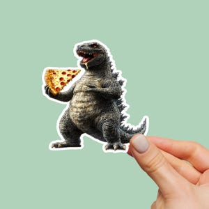 Godzilla eating Pizza, Godzilla Gift, Laptop Decal, Water Bottle Sticker, Vinyl Sticker, Godzilla Sticker Vinyl, Godzilla Kaiju Lover Gift