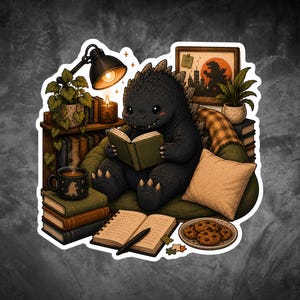 Cozy Reading Godzilla Sticker, Book Lover Kaiju Sticker, BookTok Reader Gift, Cute Monster Reading Books Introvert Reader Decal