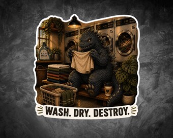 Pegatina de Godzilla para la lavandería, calcomanía de Kaiju "Lavar, secar, destruir", pegatina divertida de monstruo para el día de la colada, arte acogedor de Godzilla, regalo para lavandería