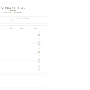 Może przedstawiać: Biały szablon dziennika treningowego z napisem WORKOUT LOG oraz SHOW UP GET STRONGER na górze. Zawiera pola na datę i cel, tabelę z kolumnami na ćwiczenia, serie, powtórzenia, ciężar i pola wyboru oraz sekcję na notatki.