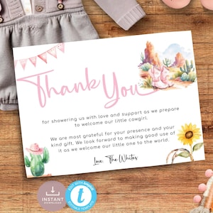 Carte de remerciement cow-girl baby shower, carte postale thème western, carte de correspondance bottes roses désert, cactus avec tournesol. Modifiable, imprimable | CG01