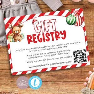 Christmas Baby Shower Gift Registry Card with Qr Code, Merry Little Present Request Insert, Ornaments & Toys. Editable, Printable | CH05B