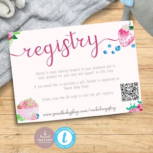 Strawberry Gift Registry Card with QR Code, Berry Sweet Baby Shower Gift Request Insert, Fruit Themed Pink Girl. Editable, Printable | ST02