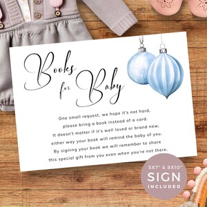Ornement de Noël, livres de baby shower pour carte et enseigne de bébé, design moderne minimaliste, boule de Noël bleu poussiéreux. Modifiable, imprimable | CH02