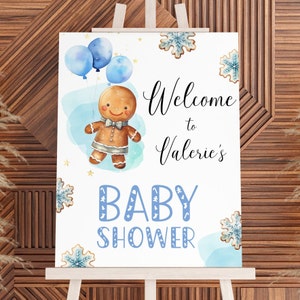 Gingerbread Baby Shower Welcome Sign, Blue Cookie Easel Poster, A Little Man on the way, Christmas Holidays Boy. Editable, Printable | CH15