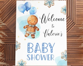 Gingerbread Baby Shower Welcome Sign, Blue Cookie Easel Poster, A Little Man on the way, Christmas Holidays Boy. Editable, Printable | CH15
