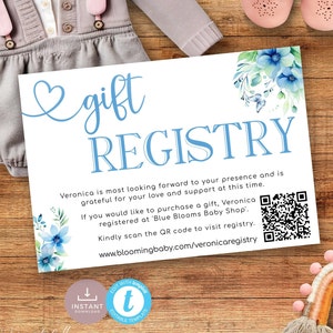 Blue Baby in Bloom Gift Registry Card Insert with QR Code. Featuring abstract bright colored florals and flowers. Editable Download | BL01
