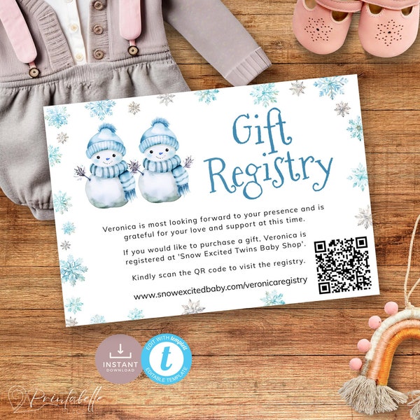 Gift Registry Card with Qr Code for Twin Baby Shower Blue Winter Theme featuring Snow Excited Dusty Blue Snowmen and Snowflakes | SN04
