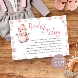 Boeken voor babykaart en bord, roze winterbabyshowerkaart en bord, sneeuwmeisje met roze en zilveren sneeuwvlokken. Bewerkbaar, afdrukbaar | SN01
