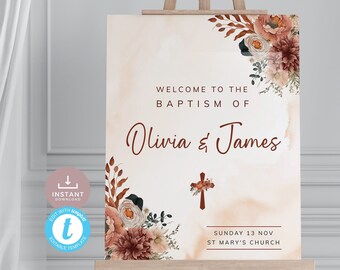 May include: A printable sign for a baptism with a watercolor background and floral design. The text reads "Welcome to the Baptism of Olivia & James, Sunday 13 Nov, St Mary's Church".