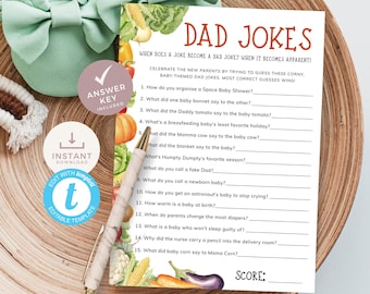 Locally Grown Dad Jokes Trivia Game Template for Farmers Market Baby Shower Games. Fun Organic baby-themed jokes. Editable, Printable | LG01