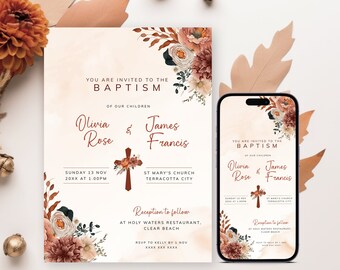 May include: A baptism invitation with a floral design in shades of brown, pink, and white. The invitation is for Olivia Rose and James Francis. The text reads "You are invited to the Baptism of our children Olivia Rose & James Francis. Sunday 13 Nov 20XX at 1:00PM. St. Mary's Church, Terracotta City. Reception to follow at Holy Waters Restaurant, Clear Beach. RSVP to Kelly by 1 Nov XXXX XXX XXXX."