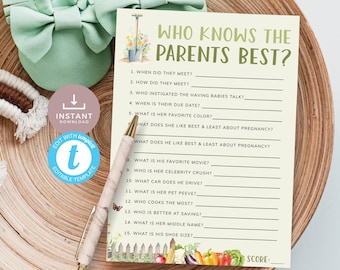 May include: A printable game card with a green and white background featuring a garden theme. The card has the title "Who Knows the Parents Best?" and includes 15 questions about the parents. The card is designed for a baby shower or other celebration.