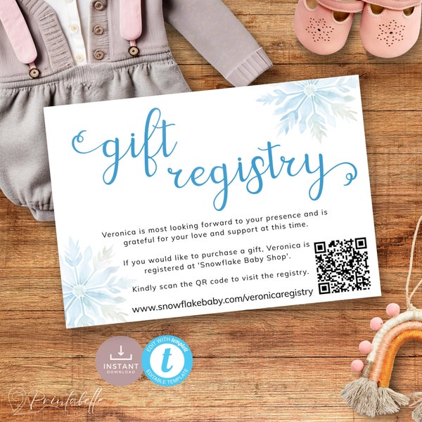 Blue Snowflake Baby Shower Registry Card with Qr Codes. Printable Registry Note Card for Boy Winter theme. Editable template download | SN06