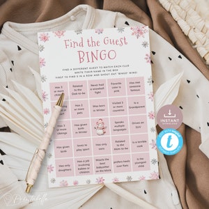 Winter Find The Guest Bingo, Snowflake Baby Shower Game, Pink and Silver Snowman Icebreaker, Girl On The Way. Editable, Printable | SN01