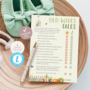 Locally Grown Old Wives Tales Gender Prediction Game, Sage Green Cottage Veggie Garden, Farmers Market Baby Shower Games. Printable | LG02
