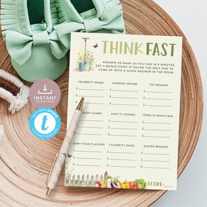 Jeu de fête prénatale Think Fast cultivé localement, modèle de jeu de catégories rapides Farmers Market sur le thème du jardin potager sauge. Imprimable | LG02