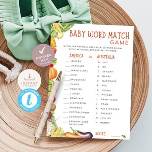 Jogo de correspondência de palavras para bebês cultivados localmente, termo para bebês da América versus Austrália, jogo de chá de bebê de mercado de fazendeiros. Modelo editável, imprimível | LG01