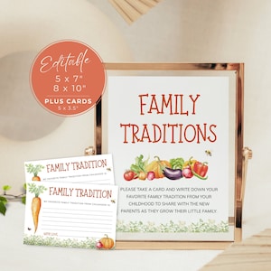 Carte et enseigne sur la tradition familiale préférée cultivée localement, jeu de baby shower du marché de producteurs lumineux. Téléchargement imprimable, modèle modifiable | LG01
