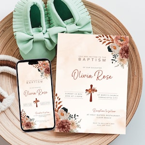 Faire-part de baptême en terre cuite. Invitation au baptême d'automne à imprimer, envoyer par courriel, téléphone et SMS. Modèle entièrement modifiable, téléchargement immédiat | TC01