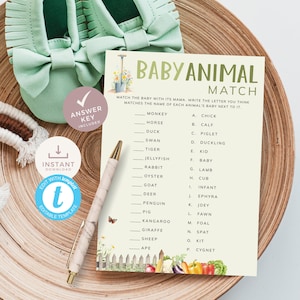 Jeu d'associations de bébés animaux cultivés localement sur le thème du jardin potager pour vos jeux de baby shower de marché de producteurs. Imprimable, modifiable | LG02