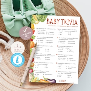 May include: A printable baby trivia game with a green and brown background. The game features 12 questions about babies with multiple choice answers. The answer key is included.