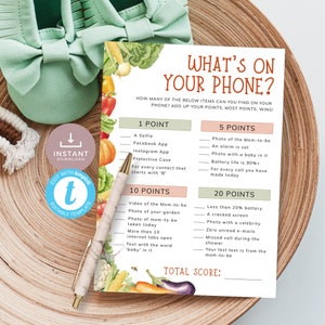 Jeu de baby shower cultivé localement « What's on your phone » Jeu, jardin potager rustique lumineux, thème du marché de producteurs. Téléchargement imprimable | LG01
