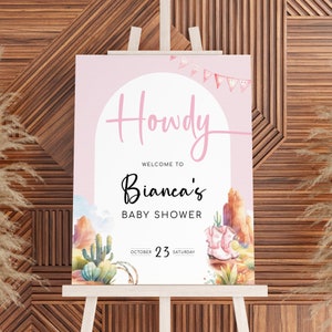 Cowgirl Baby Shower Welcome Sign, Western Theme Easel Poster, Desert Cactus Decor, Pink Country Boots. Editable Template, Printable | CG01