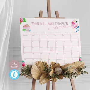 Strawberry Due Date Calendar, Guess the Birth Date, Berry Sweet Baby Shower Game Poster Size with cute blueberry. Editable, Printable | ST02