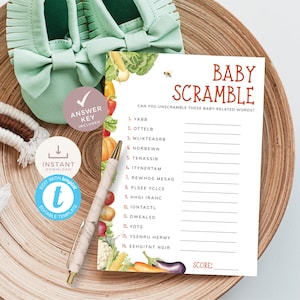 Corrigé Word Scramble pour baby shower cultivé localement, légumes de couleurs vives sur le thème du marché de producteurs. Imprimable, modifiable, téléchargement | LG01