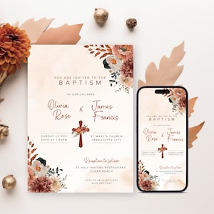 Fall Baptism Invite for Twins, Terracotta Christening Invitation, Rust Floral Evite, Cross with Flowers. Editable Template, Printable | TC01