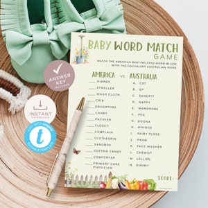 Jeu de baby shower cultivé localement, correspondance de mots pour bébé Amérique contre Australie sur le thème amusant du marché de producteurs de potagers. Imprimable, modifiable | LG02