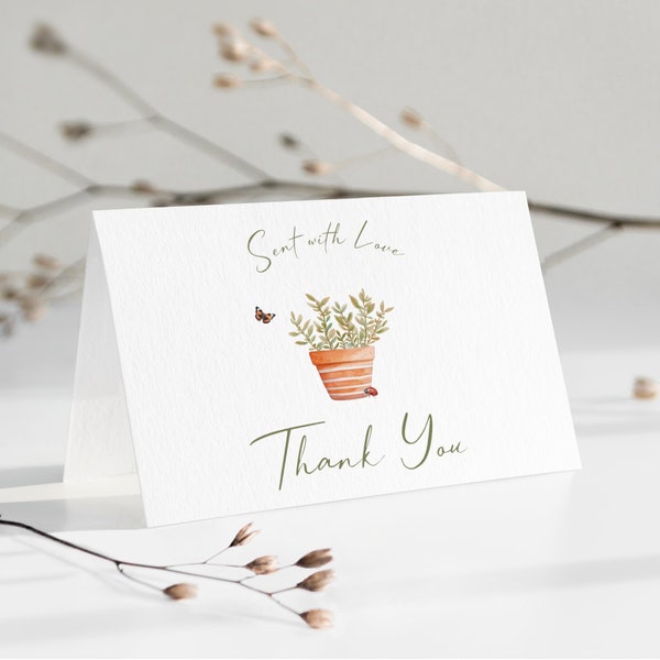 Grown With Love Thank You Card with Terracotta Pot Plant, Garden Theme Tent Fold Card, Modern Minimal. Printable, Editable Template | GR02