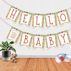 May include: A white banner with a green and orange vegetable border. The banner says "Hello Baby" in orange letters. The banner is strung with pink string.