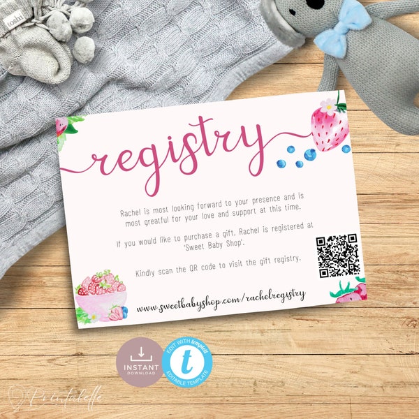 Strawberry Gift Registry Card with QR Code, perfect for your Berry Sweet celebration! Editable template, instant download | ST02