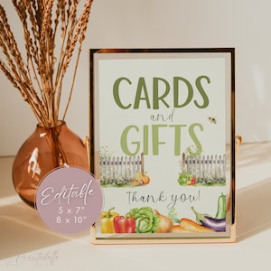 Modèle modifiable de signalisation de table pour cadeau de baby shower cultivé localement, cartes et cadeaux de décoration de fête de marché de producteurs, jardin potager vert sauge | LG02