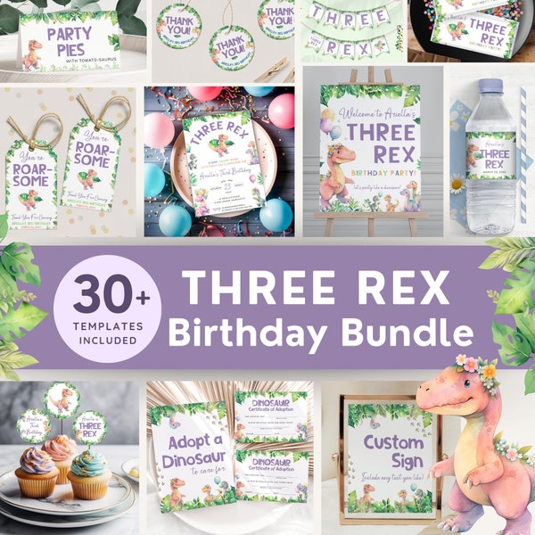 Three Rex Birthday Bundle, Large 3rd Bday Girl Dino Party Pack with pastel dinosaurs T-Rex. Editable Templates, Printable, Download | DN03