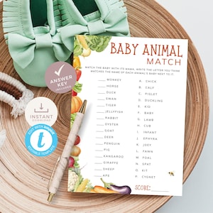 Jeu d'associations de bébés animaux cultivés localement pour vos jeux de baby shower de marché de producteurs de légumes rustiques et lumineux. Modèle modifiable, imprimable | LG01