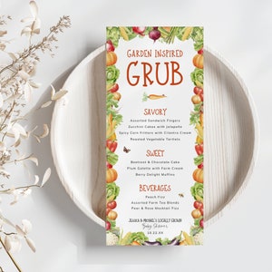 Modèle modifiable de menu du marché de producteurs pour votre décoration cultivée localement et votre table, légumes de couleur vive. Imprimable | LG01