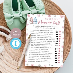 Winter Wonderland Mommy or Daddy Game, Snowflake Guess Who Said It Mom or Dad, Pink Snowman Best CoEd Activity. Editable, Printable | SN01