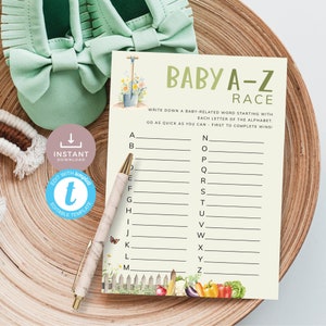 Jeu de baby shower cultivé localement, de A à Z, sur le thème du marché de producteurs du jardin potager vert sauge. Téléchargement modifiable et imprimable | LG02