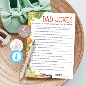Locally Grown Dad Jokes Trivia Game Template for Farmers Market Baby Shower Games. Fun Organic baby-themed jokes. Editable, Printable | LG01