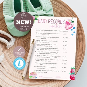 Strawberry Baby Records Match, World Records Baby Themed, Berry Sweet Baby Shower Game, Unique and Different. Editable, Printable | ST02