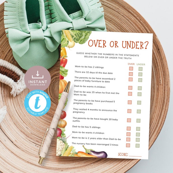 Locally Grown Over or Under Baby Shower Game, Farmers Market Theme with bright colored vegetables. Editable Template, Printable | LG01