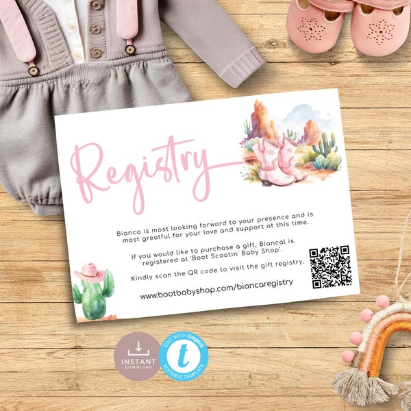 Little Cowgirl Gift Registry Card with QR Code, perfect for your Country Western Baby Shower. Editable template, instant download | CG01