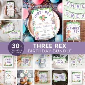 Three Rex Party Bundle, 3rd Birthday Dino Mega Pack, Dinosaur Theme Third Bday, Pastel T-Rex for 3 Year Old Girl. Editable, Printable | DN03